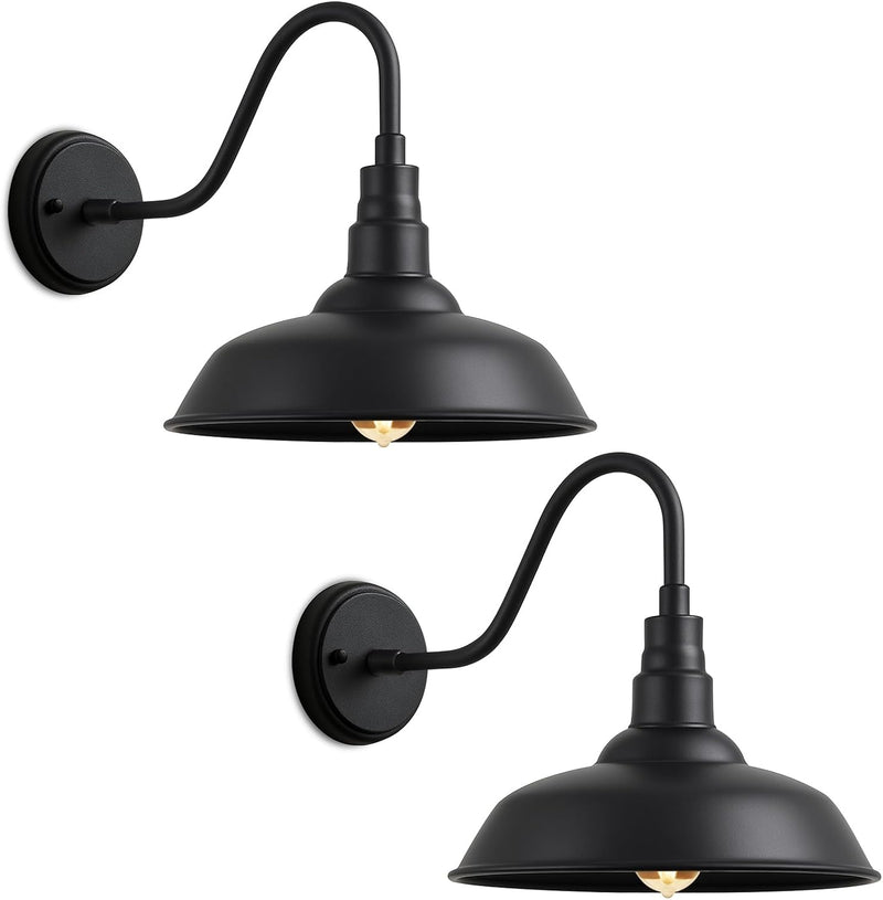 10" Outdoor Barn Gooseneck Light, Durable Black Wall-Mounted Outdoor Light Fixture, Farmhouse Industrial Lighting for Garage, Porch, Patio, and Entryway, 2-Pack