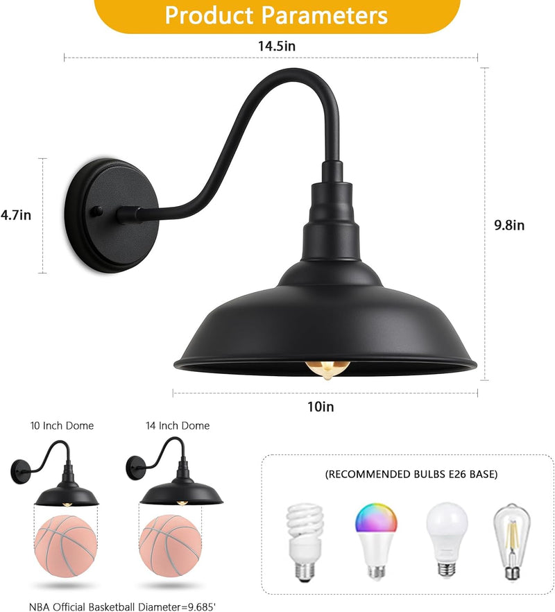 10" Outdoor Barn Gooseneck Light, Durable Black Wall-Mounted Outdoor Light Fixture, Farmhouse Industrial Lighting for Garage, Porch, Patio, and Entryway, 2-Pack