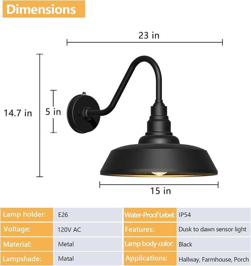 Dusk to Dawn Barn Light Large Size.Outdoor Waterproof Gooseneck Barn Light