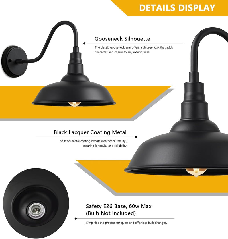 10" Outdoor Barn Gooseneck Light, Durable Black Wall-Mounted Outdoor Light Fixture, Farmhouse Industrial Lighting for Garage, Porch, Patio, and Entryway, 2-Pack
