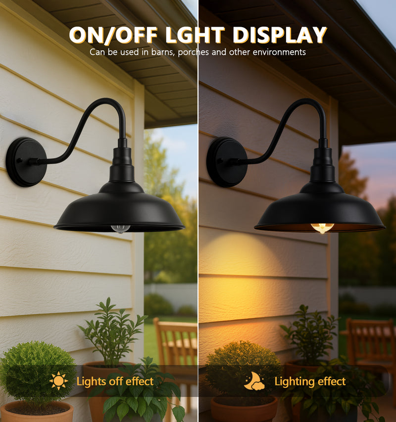 10" Outdoor Barn Gooseneck Light, Durable Black Wall-Mounted Outdoor Light Fixture, Farmhouse Industrial Lighting for Garage, Porch, Patio, and Entryway, 2-Pack
