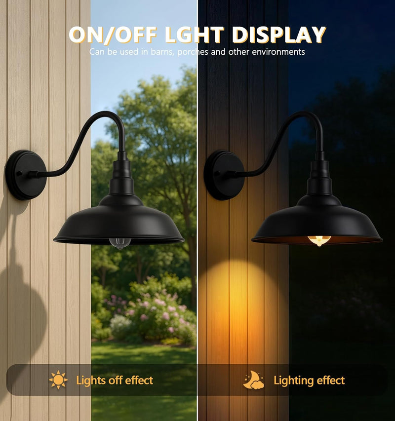 10" Outdoor Barn Gooseneck Light, Durable Black Wall-Mounted Outdoor Light Fixture, Farmhouse Industrial Lighting for Garage, Porch, Patio, and Entryway, 2-Pack