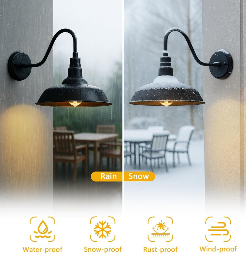 10" Outdoor Barn Gooseneck Light, Durable Black Wall-Mounted Outdoor Light Fixture, Farmhouse Industrial Lighting for Garage, Porch, Patio, and Entryway, 2-Pack