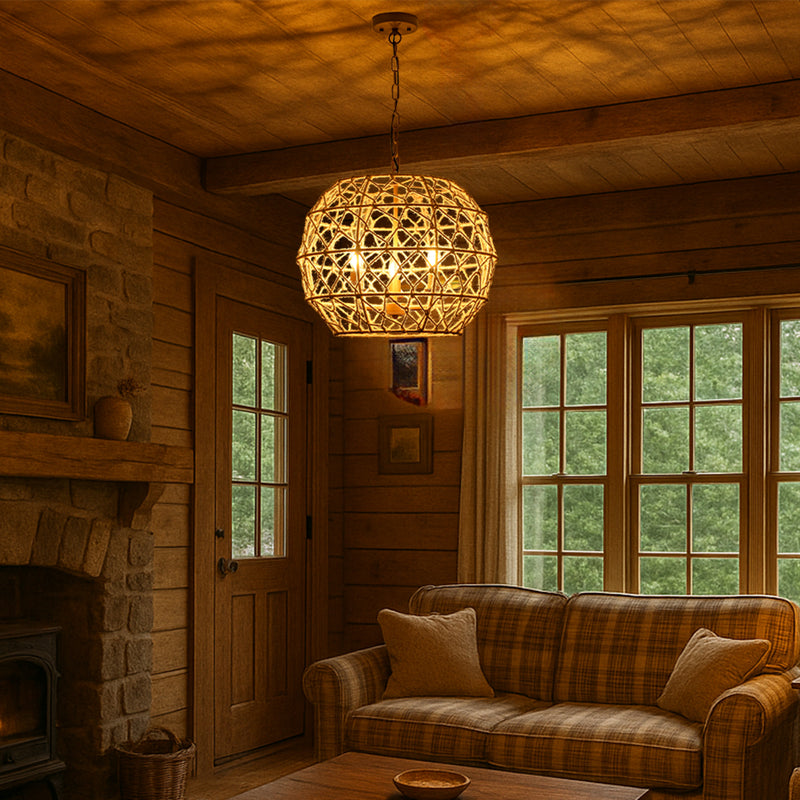 Rustic Rattan Globe Chandelier – Handwoven Natural Elegance