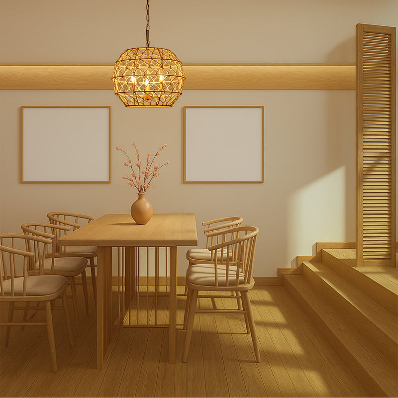 Rustic Rattan Globe Chandelier – Handwoven Natural Elegance