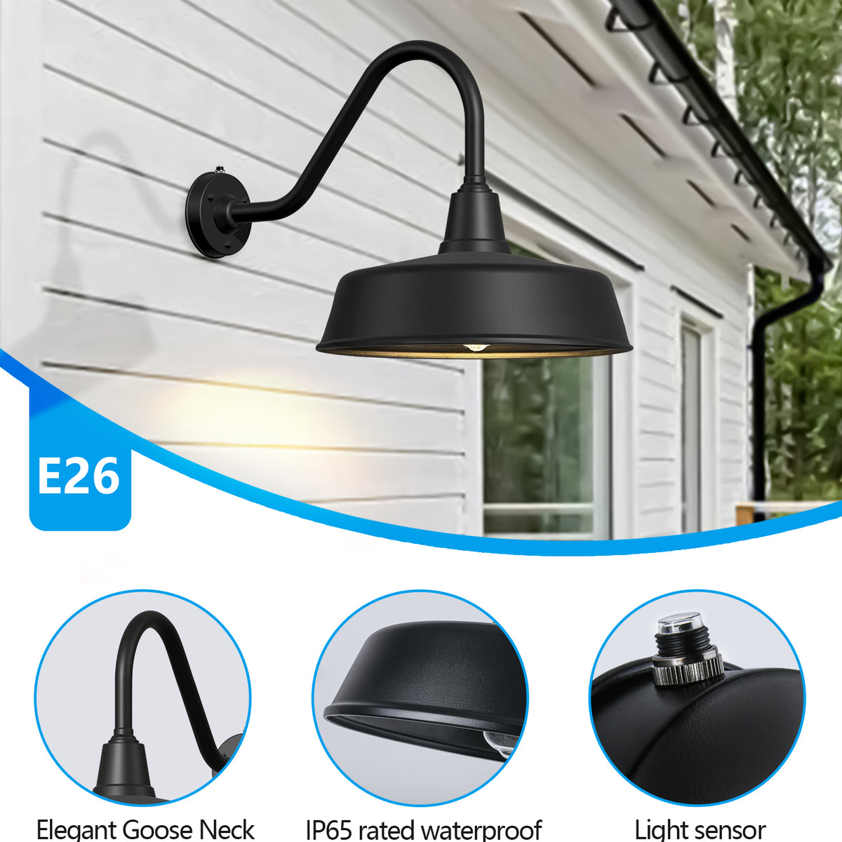 Dusk to Dawn Gooseneck Barn Light – Matte Black Outdoor Wall Fixture