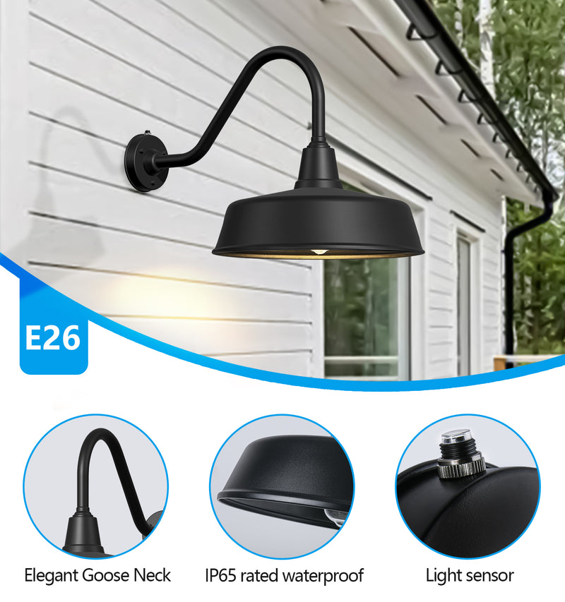 Dusk to Dawn Gooseneck Barn Light – Matte Black Outdoor Wall Fixture