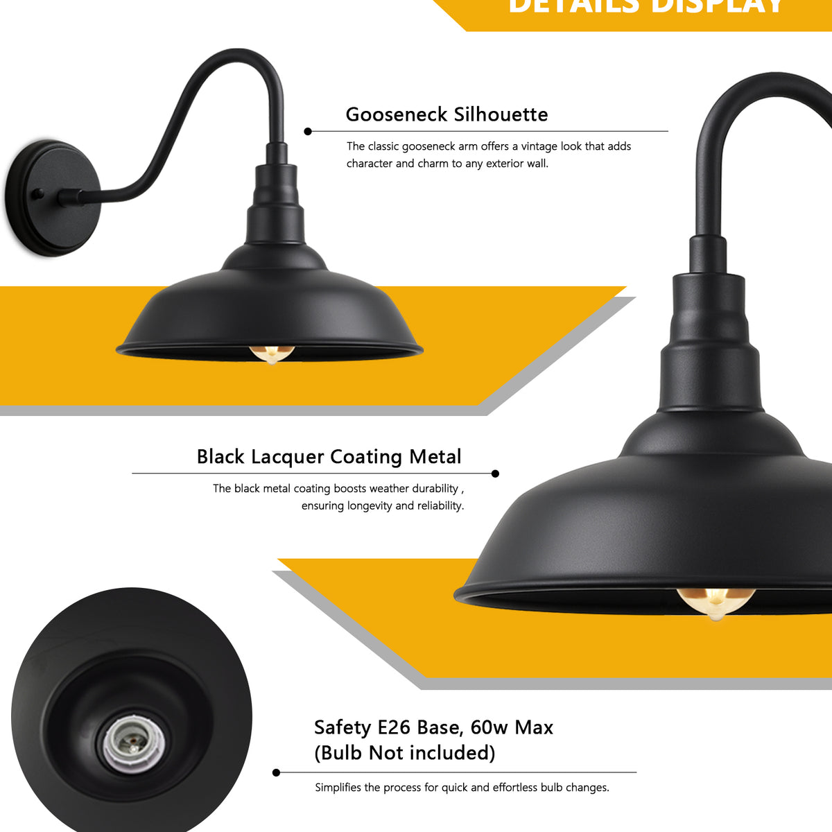10" Outdoor Barn Gooseneck Light, Durable Black Wall-Mounted Outdoor Light Fixture, Farmhouse Industrial Lighting for Garage, Porch, Patio, and Entryway, 2-Pack