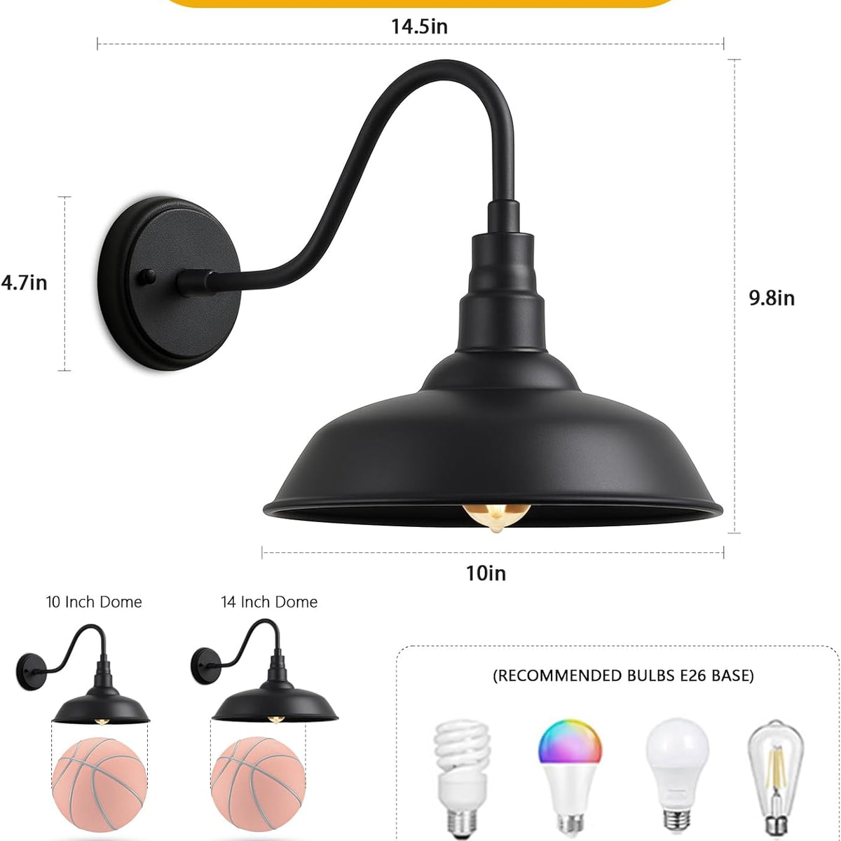 10" Outdoor Barn Gooseneck Light, Durable Black Wall-Mounted Outdoor Light Fixture, Farmhouse Industrial Lighting for Garage, Porch, Patio, and Entryway, 2-Pack