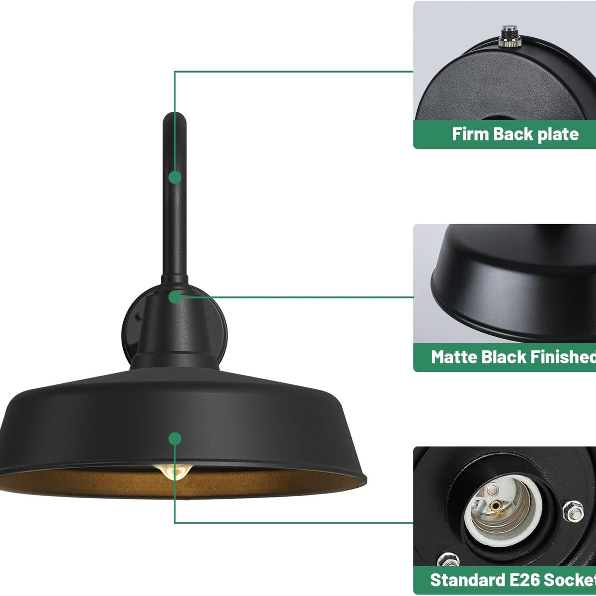 Dusk to Dawn Gooseneck Barn Light – Matte Black Outdoor Wall Fixture