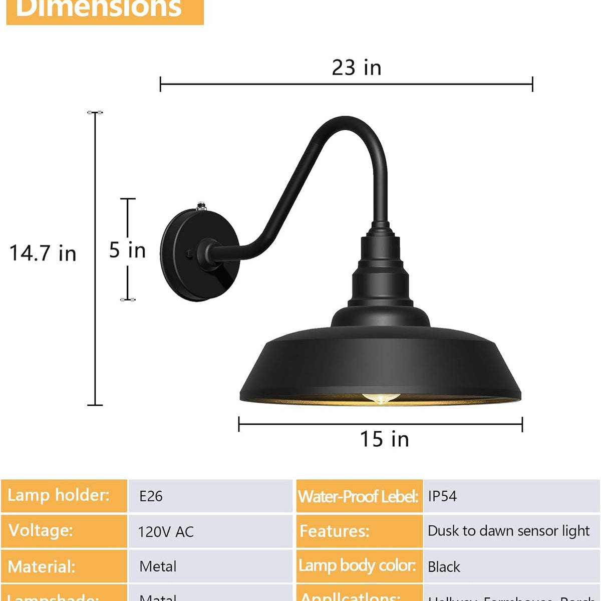Dusk to Dawn Barn Light Large Size.Outdoor Waterproof Gooseneck Barn Light