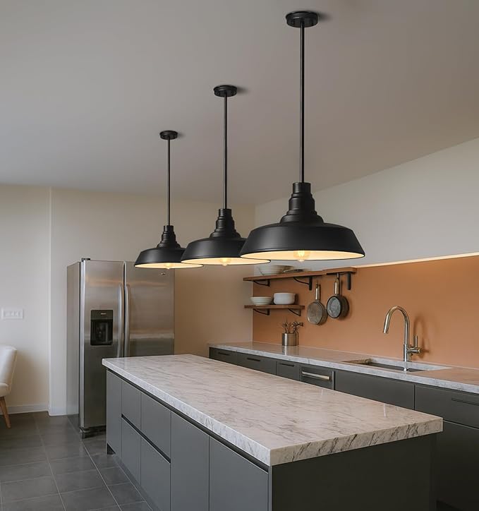 Large Black Farmhouse Pendant Light, 2-Pack for Kitchen and Dining