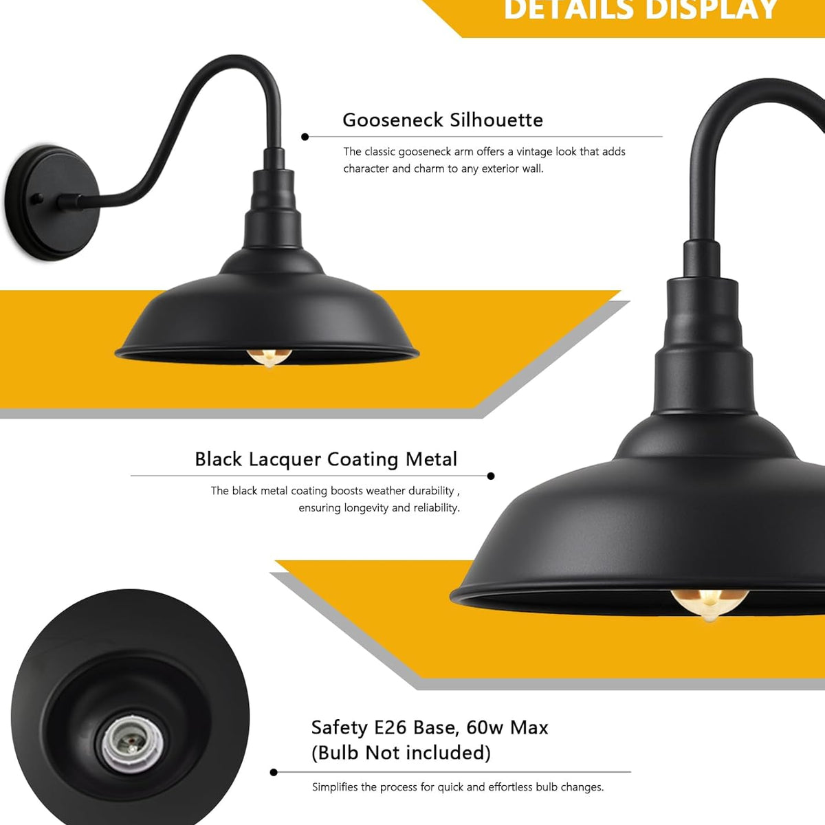 10" Outdoor Barn Gooseneck Light, Durable Black Wall-Mounted Outdoor Light Fixture, Farmhouse Industrial Lighting for Garage, Porch, Patio, and Entryway, 2-Pack