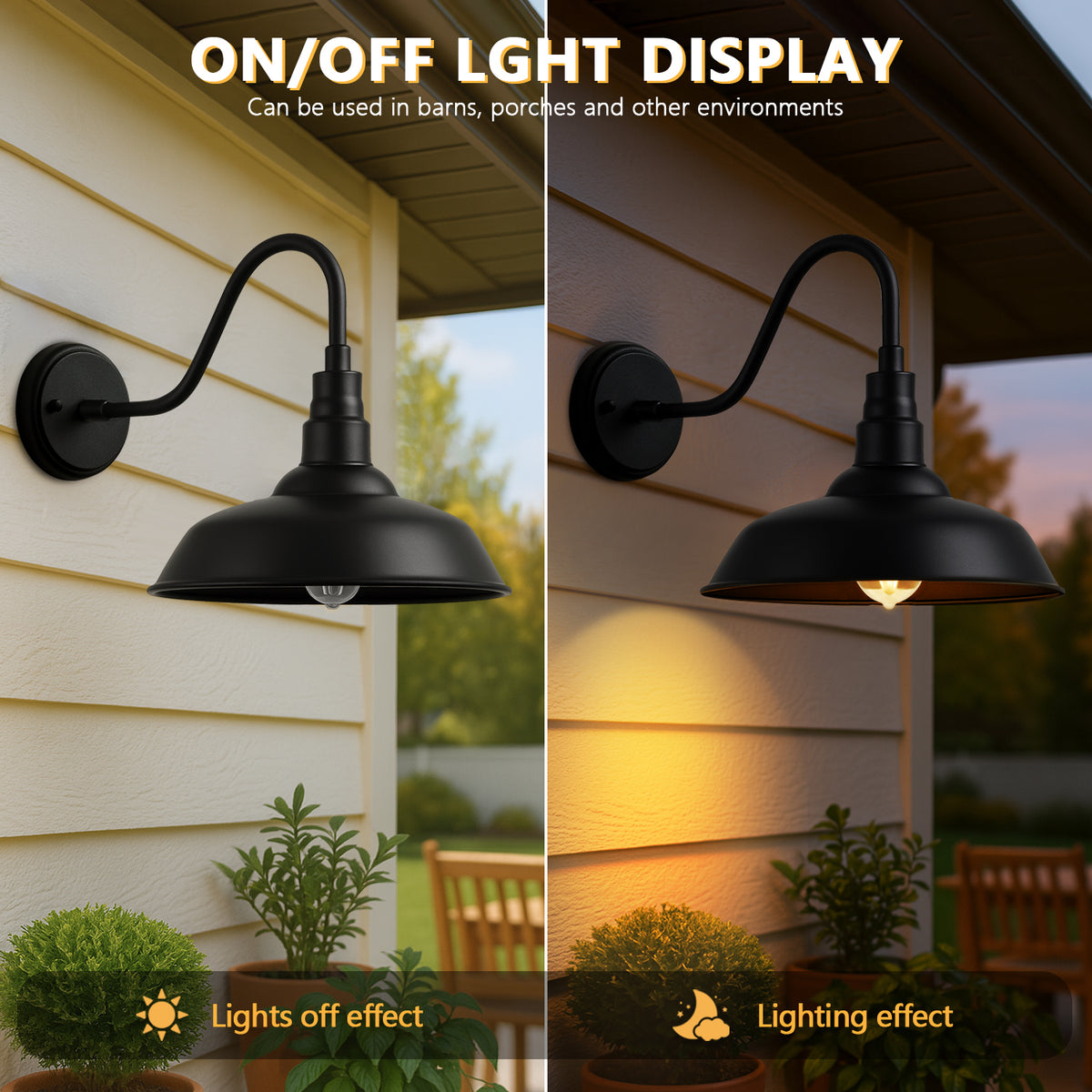 10" Outdoor Barn Gooseneck Light, Durable Black Wall-Mounted Outdoor Light Fixture, Farmhouse Industrial Lighting for Garage, Porch, Patio, and Entryway, 2-Pack