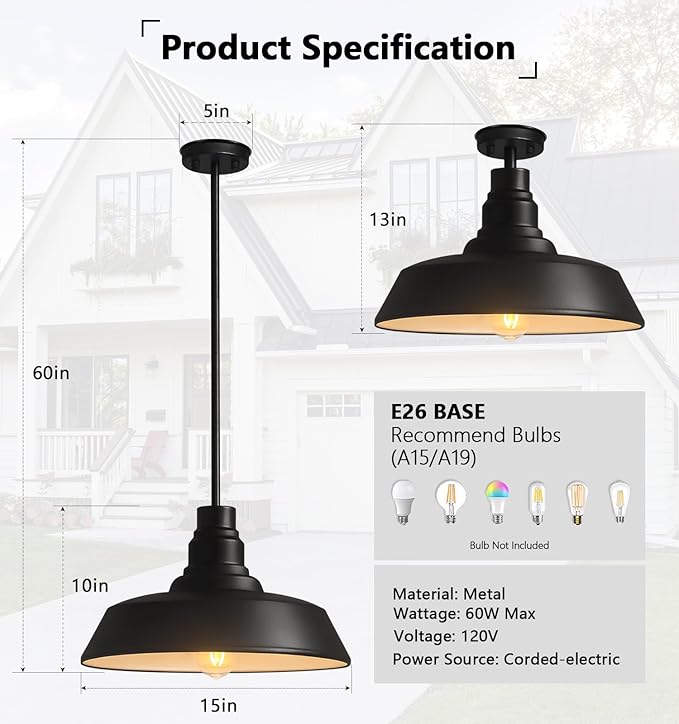 15" Large Black Farmhouse Pendant Light, Industrial Barn Dome Ceiling Fixture for Kitchen Island, Dining Room & Living Room