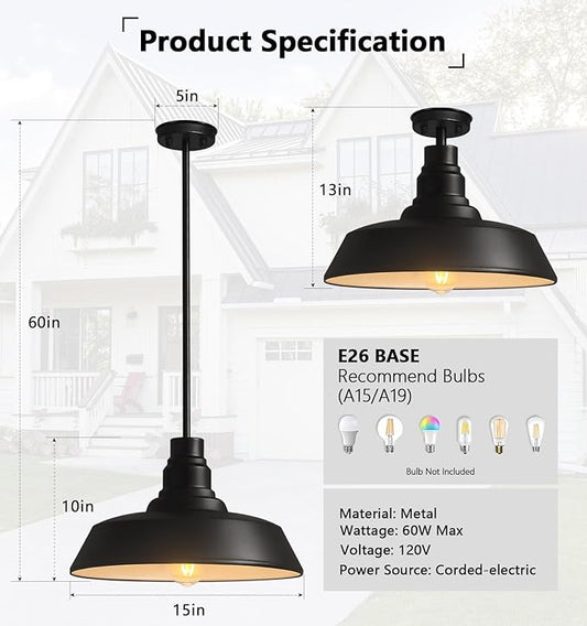15" Large Black Farmhouse Pendant Light, Industrial Barn Dome Ceiling Fixture for Kitchen Island, Dining Room & Living Room