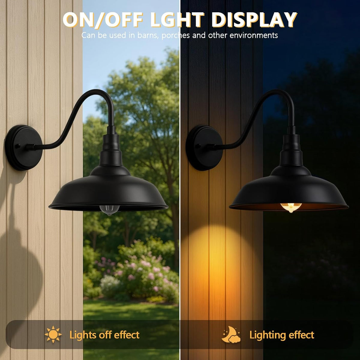 10" Outdoor Barn Gooseneck Light, Durable Black Wall-Mounted Outdoor Light Fixture, Farmhouse Industrial Lighting for Garage, Porch, Patio, and Entryway, 2-Pack