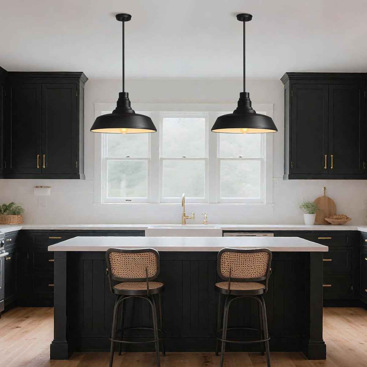 15" Large Black Farmhouse Pendant Light, Industrial Barn Dome Ceiling Fixture for Kitchen Island, Dining Room & Living Room