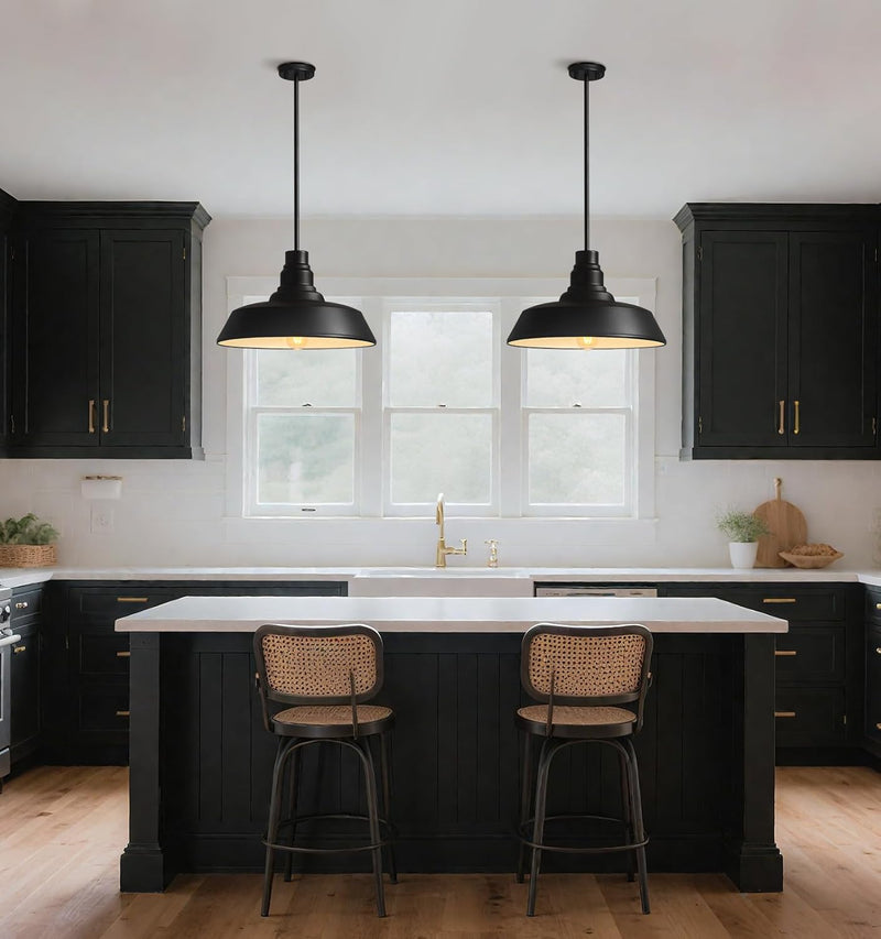 Large Black Farmhouse Pendant Light, 2-Pack for Kitchen and Dining