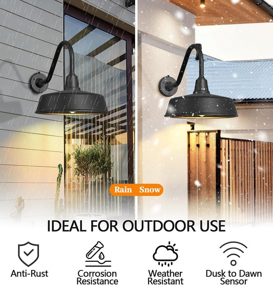 Gooseneck Barn Lights 2-Pack – Dusk to Dawn Outdoor Wall Fixtures Matte Black