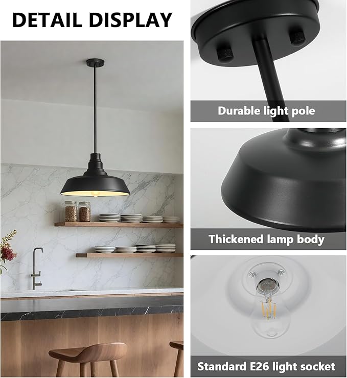 15" Large Black Farmhouse Pendant Light, Industrial Barn Dome Ceiling Fixture for Kitchen Island, Dining Room & Living Room
