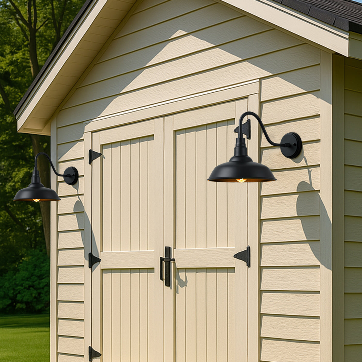 10" Outdoor Barn Gooseneck Light, Durable Black Wall-Mounted Outdoor Light Fixture, Farmhouse Industrial Lighting for Garage, Porch, Patio, and Entryway, 2-Pack
