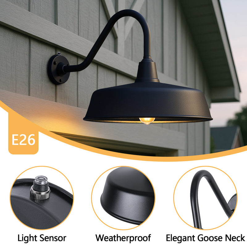 Gooseneck Barn Lights 2-Pack – Dusk to Dawn Outdoor Wall Fixtures Matte Black