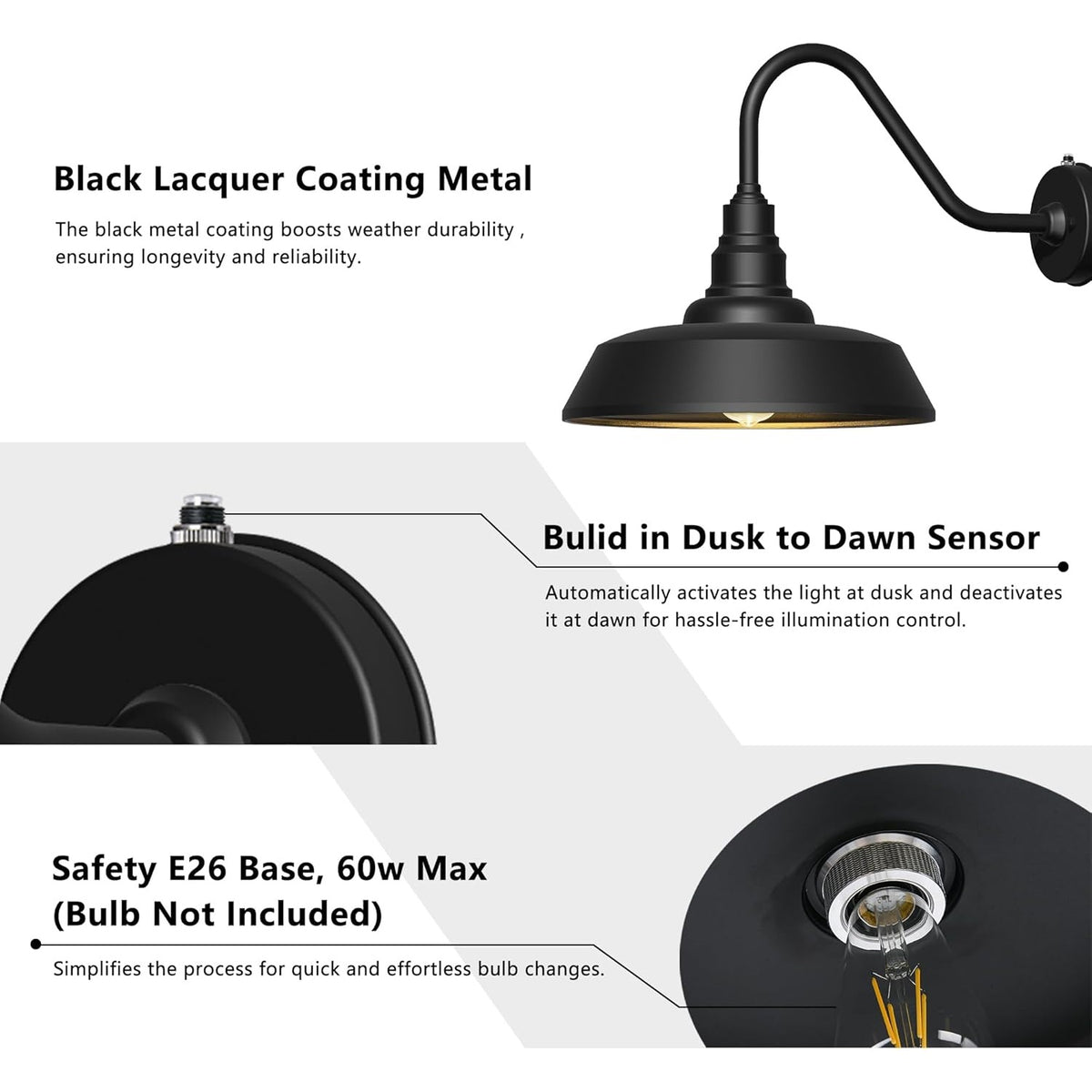 Dusk to Dawn Barn Light Large Size.Outdoor Waterproof Gooseneck Barn Light
