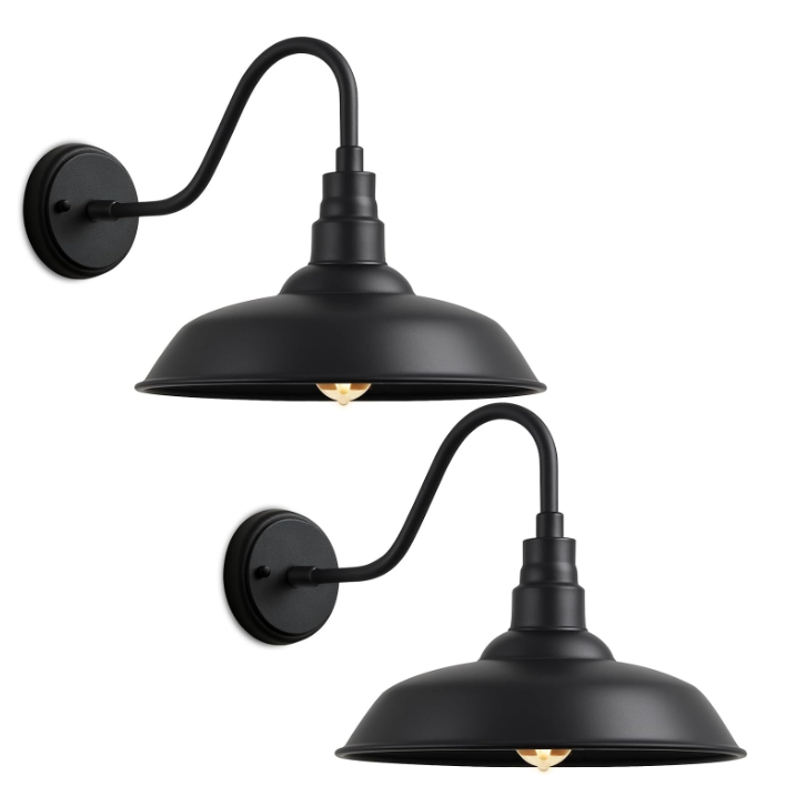 Black Gooseneck Outdoor Barn Light, Two Pack for Garage and Patio
