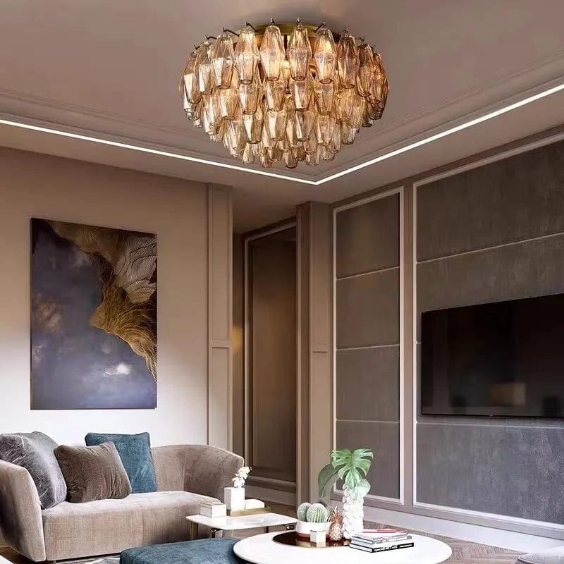 Franing Ceiling,SHOP ALL,glass chandelier,Chandelier Lacquered Burnished Brass / Amber Chiaray Clear Glass Flushmount 17"